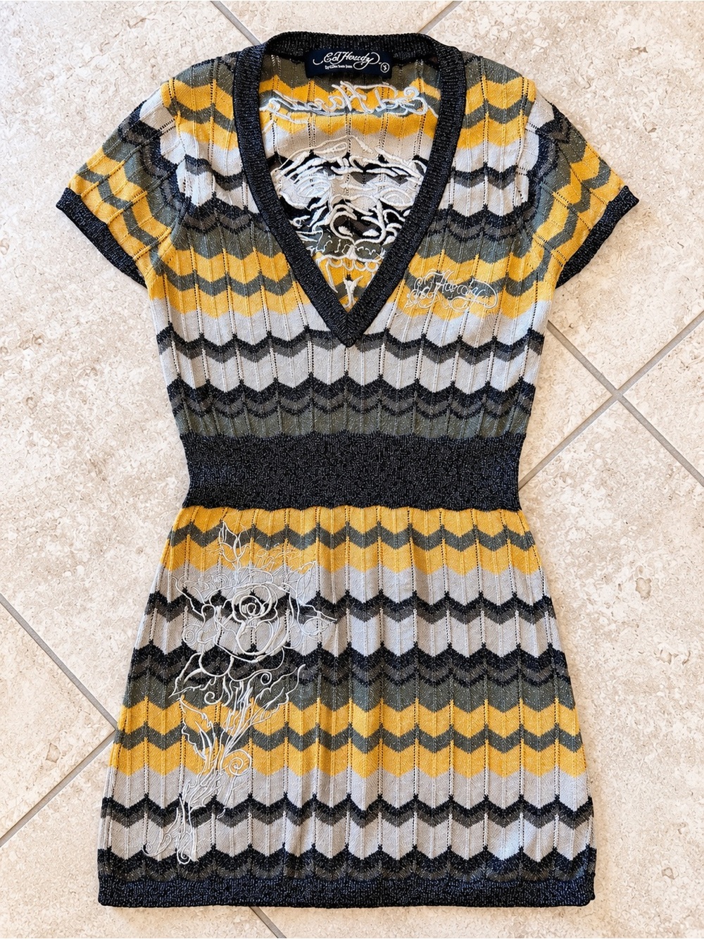 Ed Hardy by Christian Audigier Y2K Metallic Knit Tee/Tunic Embroidered S